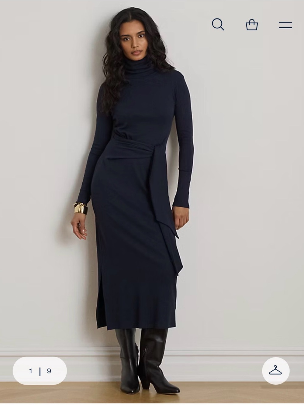 Lauren Ralph Lauren Tie Front Cotton Modal Blend Roll Neck Dress in Navy. XL